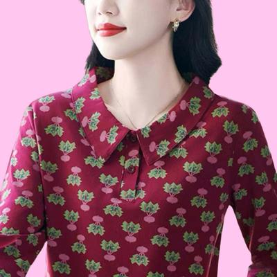 Small Shirt, Middle-aged and Elderly Tops, Women's Base, Floral Spring and Autumn Clothes, Large Size Mother's Long-sleeved T-shirt