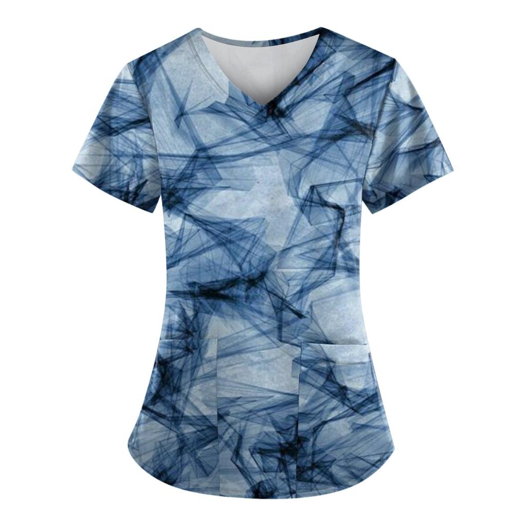 Modische bedruckte Damen-Arbeitsuniform mit Taschen-T-Shirt, kurzärmeliges Oberteil