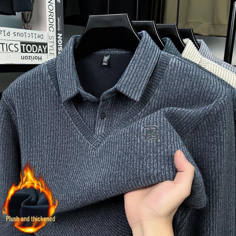 Men's 2025 Winter Knit Sweater with Shirt Collar - Plus Velvet, Thick, Warm, Long Sleeve, Fake Two-Piece Design for Middle-Aged