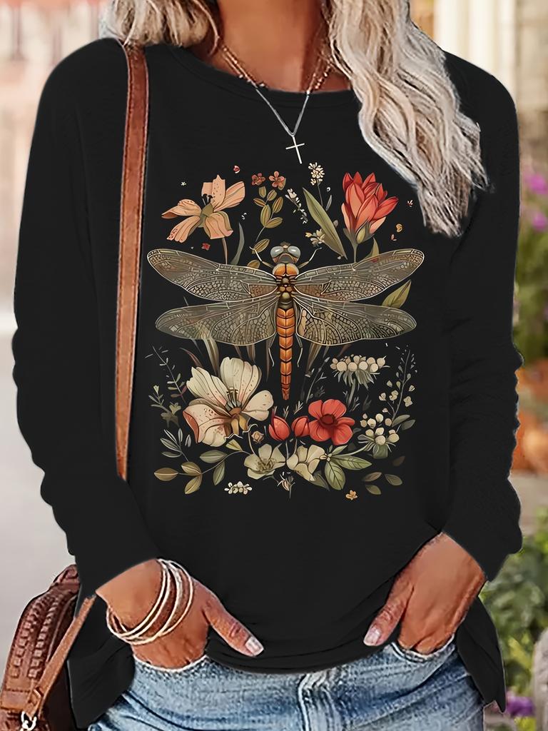 Women's Autumn Fashion Casual Loose Printed Designs Pattern Printed Round Neck Long Sleeve T-shirt Top