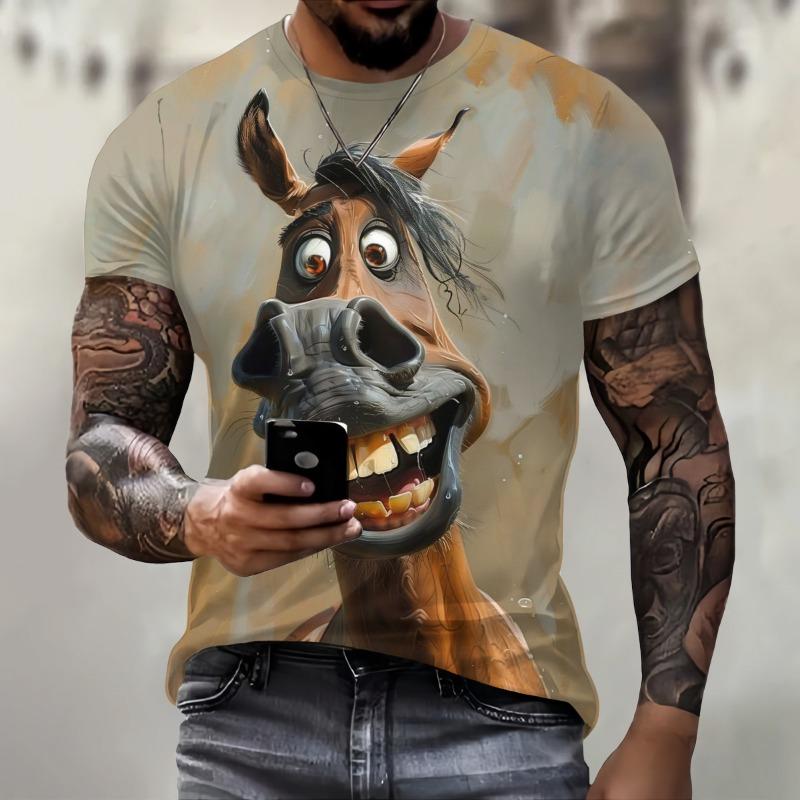 T-shirt da uomo a maniche corte con stampa 3D motivo cavallo stile retrò casual street sport outdoor maglietta girocollo top cloti