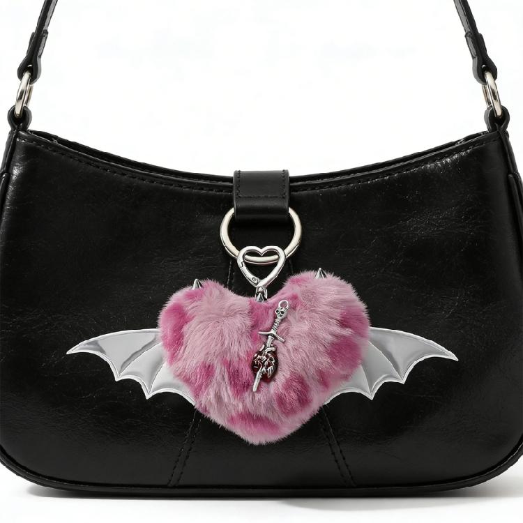Unique Y2K Themed Fuzzy Keychain With Winged Heart Charm Delicate Keyrings Pendant Accessory For Bags And Keys