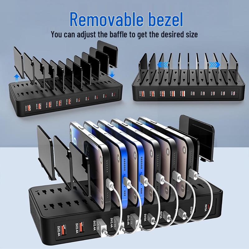 10-Port USB PD Charging Station with Storage Rack for Tablets & Phones