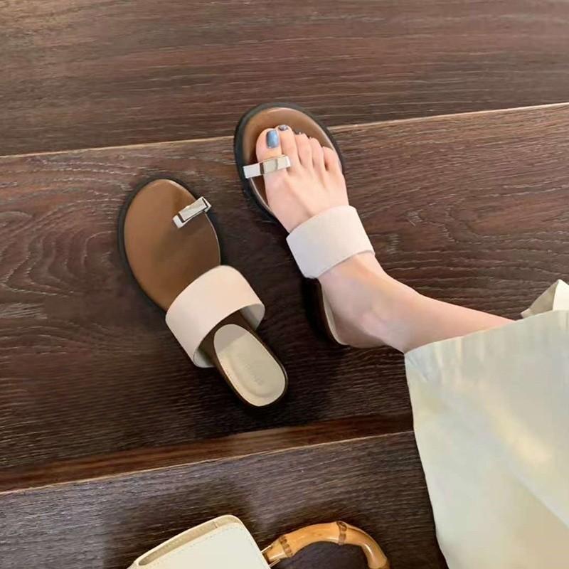 YinMan~ French Set of Toe Slope Heel Cool Slippers Summer Wear Holiday Beach Heightening Toe Slippers Flat Bottom