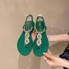Flat bottom large size sandals women's summer new fashion rhinestone flower toe elastic casual sandals