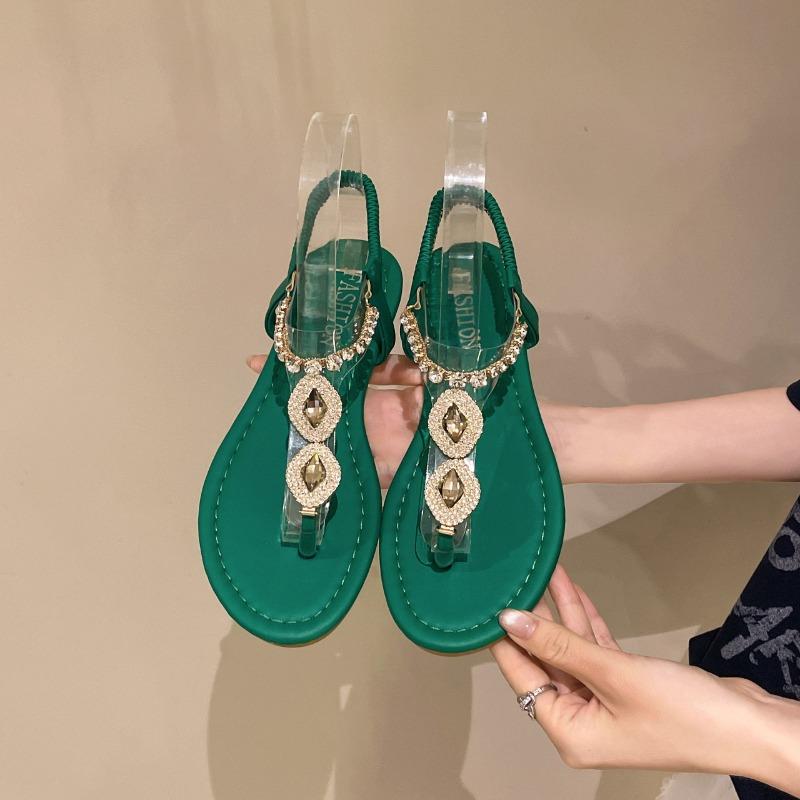 Flat bottom large size sandals women's summer new fashion rhinestone flower toe elastic casual sandals
