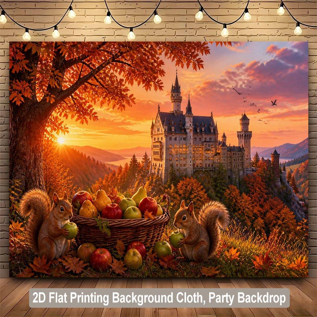 2D Flat Design, 1 Piece, Forest Clearing At Dusk, Castle and Small Animal Background Fabric. Suitable for Families and Gardens.