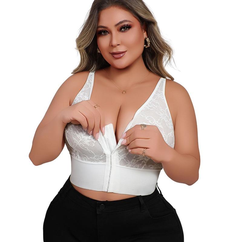 Plus Size Women's Sexy Deep V Lace See-through Bra With Center Front Zipper And Beautiful Back Push-up Adjustable Bra