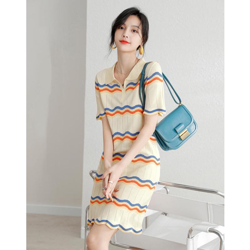 2026 New Design Striped Ice Silk Polo Dress - Summer Knit Collection One Size