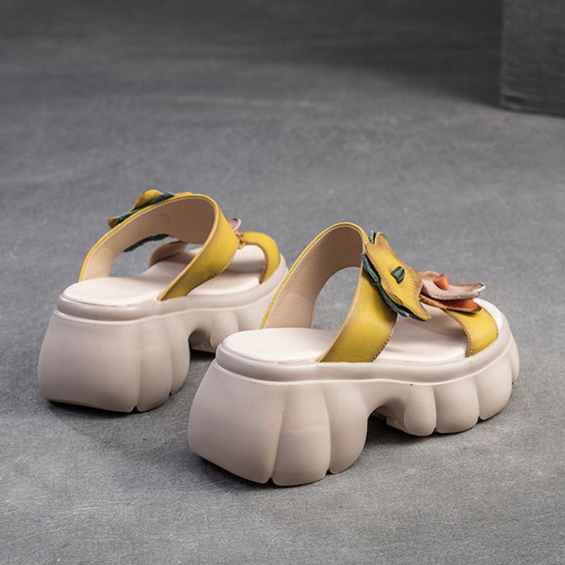 Zapatillas de cuero genuino a la moda con suela gruesa y punta abierta para exteriores, zapatos de plataforma para mujer