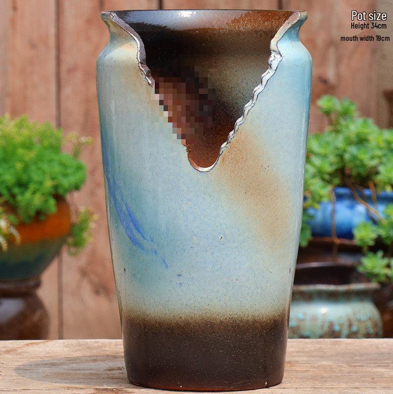 Handmade Coarse Pottery Wide-Mouth Flower Pot - Ceramic Zisha Succulent Planter with Rustic Cut-Edge Design for Chlorophytum