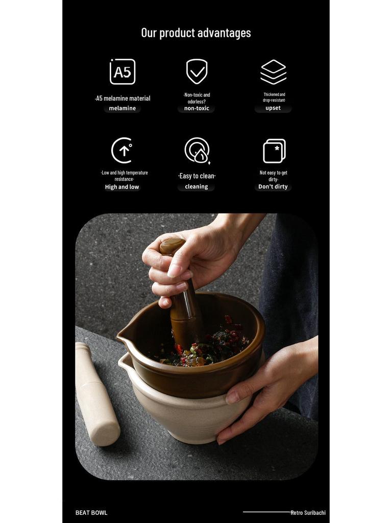 Melamine Pestle & Mortar for Mashing Ginger, Garlic, Chili, and Century Egg