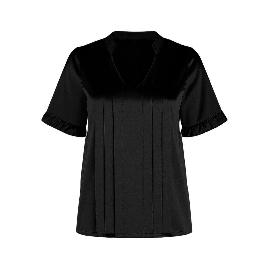 Damen Kurzarm V-Ausschnitt Plissee Bluse Satin Rüschenmanschette Oberteil Lockerer Schnitt Elegantes Basic Hemd für Tägliches Tragen Büro