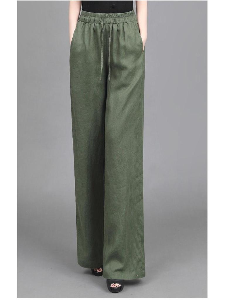 Nové dámské bavlněno-lněné ležérní kalhoty se širokými nohavicemi v čínském stylu - Elastický pas, volný střih plus size, tenké kalhoty s rovnými nohavicemi na léto