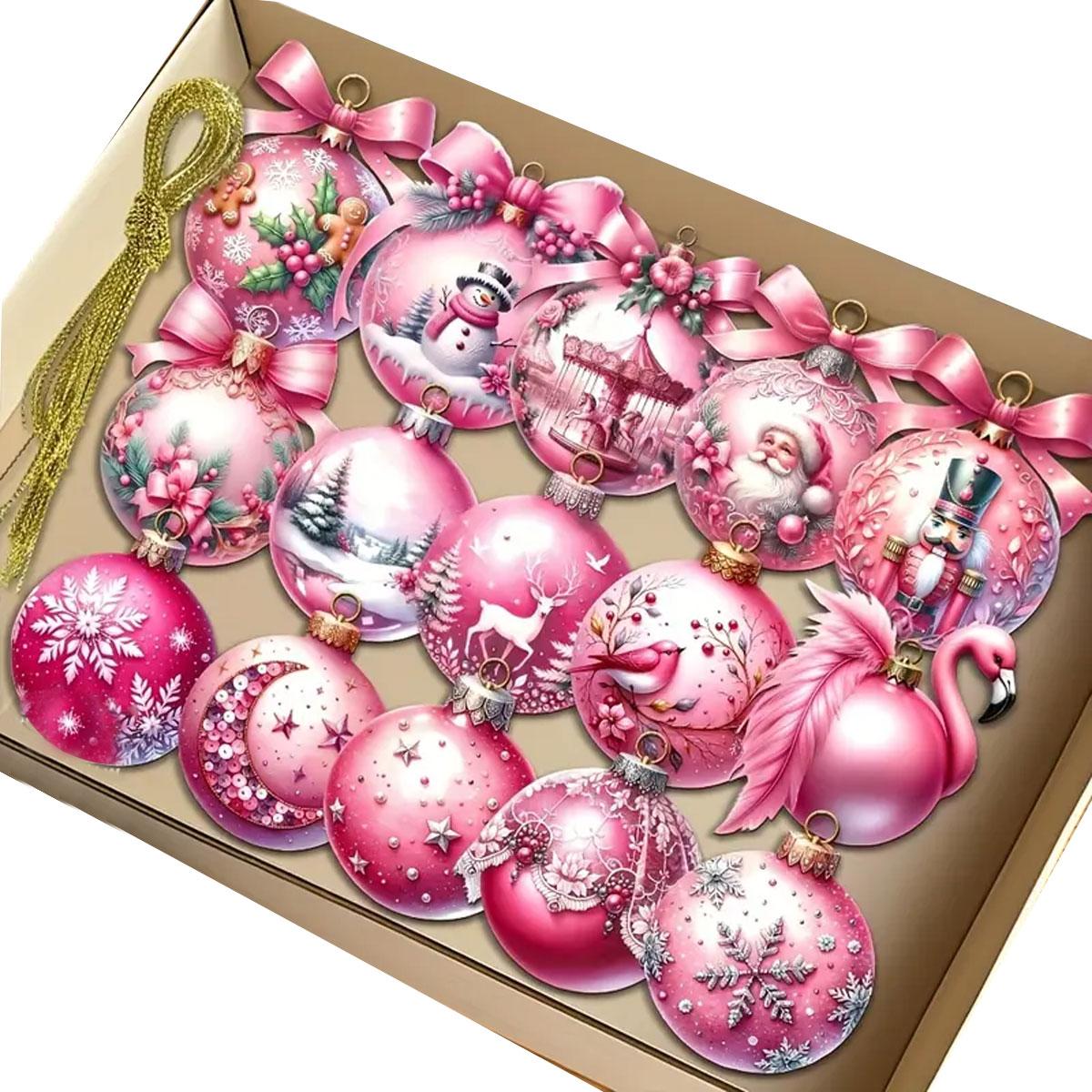 

15PCS Wooden Pink Christmas Ball Pendants Santa Claus Elk Hangers Noel Merry Christmas Decor 2025 Happy New Year 2026 L розовый