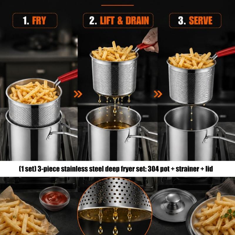Type 304 Steel Stovetop Frying Saucepan Set with Removable Perforated Basket, Lid, and Narrow Deep Shape for Frying Modest Servings and Draining