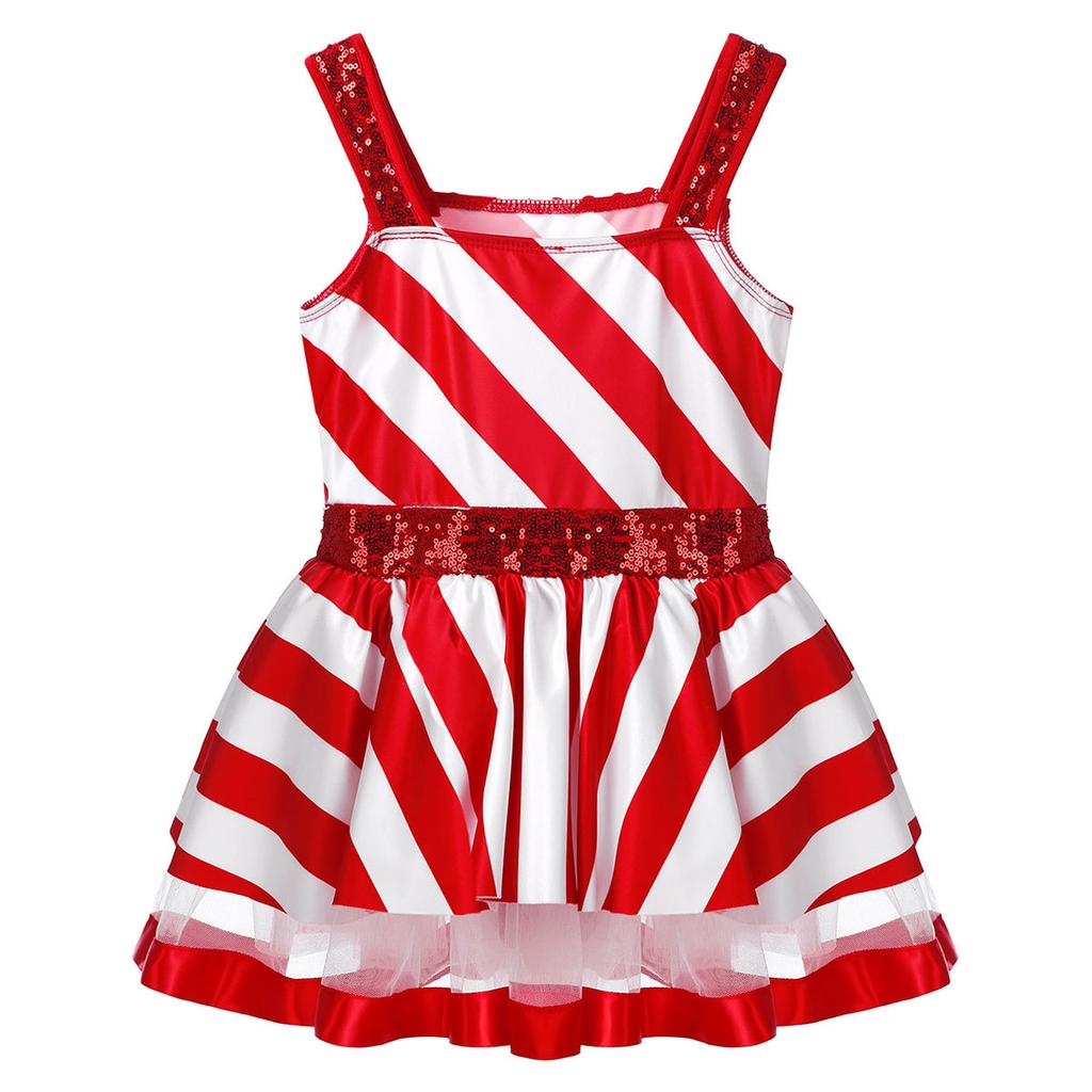 Girls Christmas Dance Costume Sleeveless Shiny Sequins Striped Figure Ice Skating Roller Skating Leotard Dress