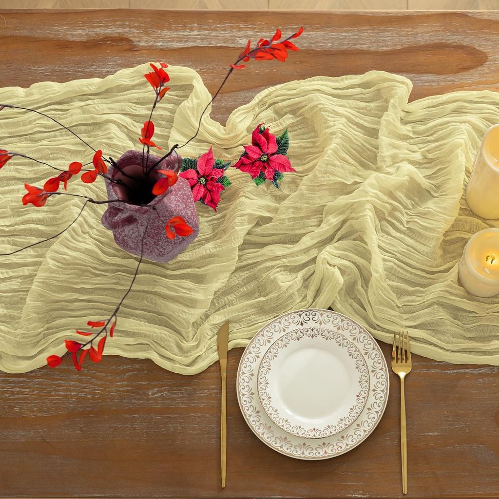 Baccessor 2 Pack Beige Cheesecloth Table Runner 35x120 Inch, 10ft Ivory Gauze Table Runner, Boho Rustic Sheer Cheese Cloths Runner for Wedding Baby