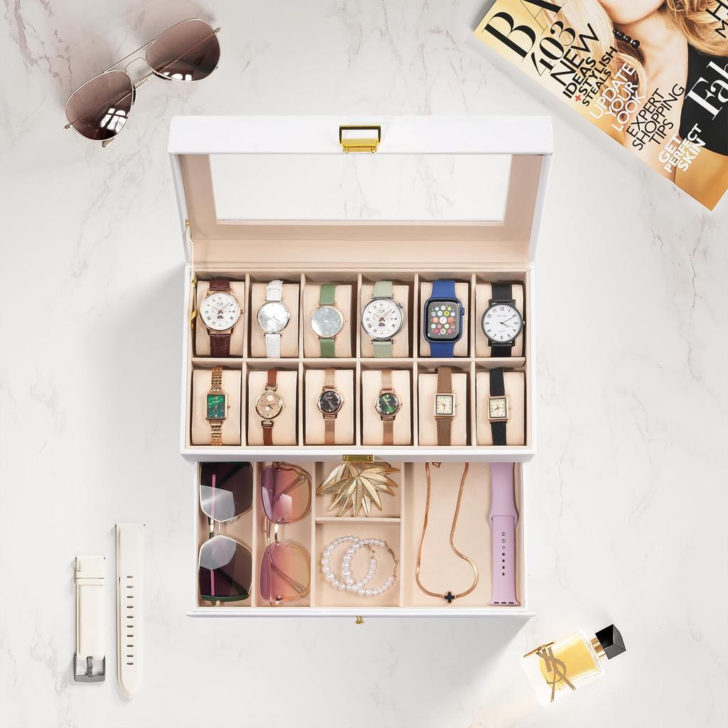 ProCase Boîte de Présentation Montres 12 Emplacements avec Boîte Montre avec Verre 2 Couches Support Organisateur de Rangement Bijoux Boîte Homme, Tiroir, Couvercle Homme,