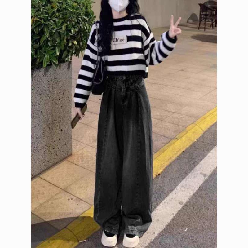 Women s High-Waist Retro Black and Grey Straight-Leg Jeans XL
