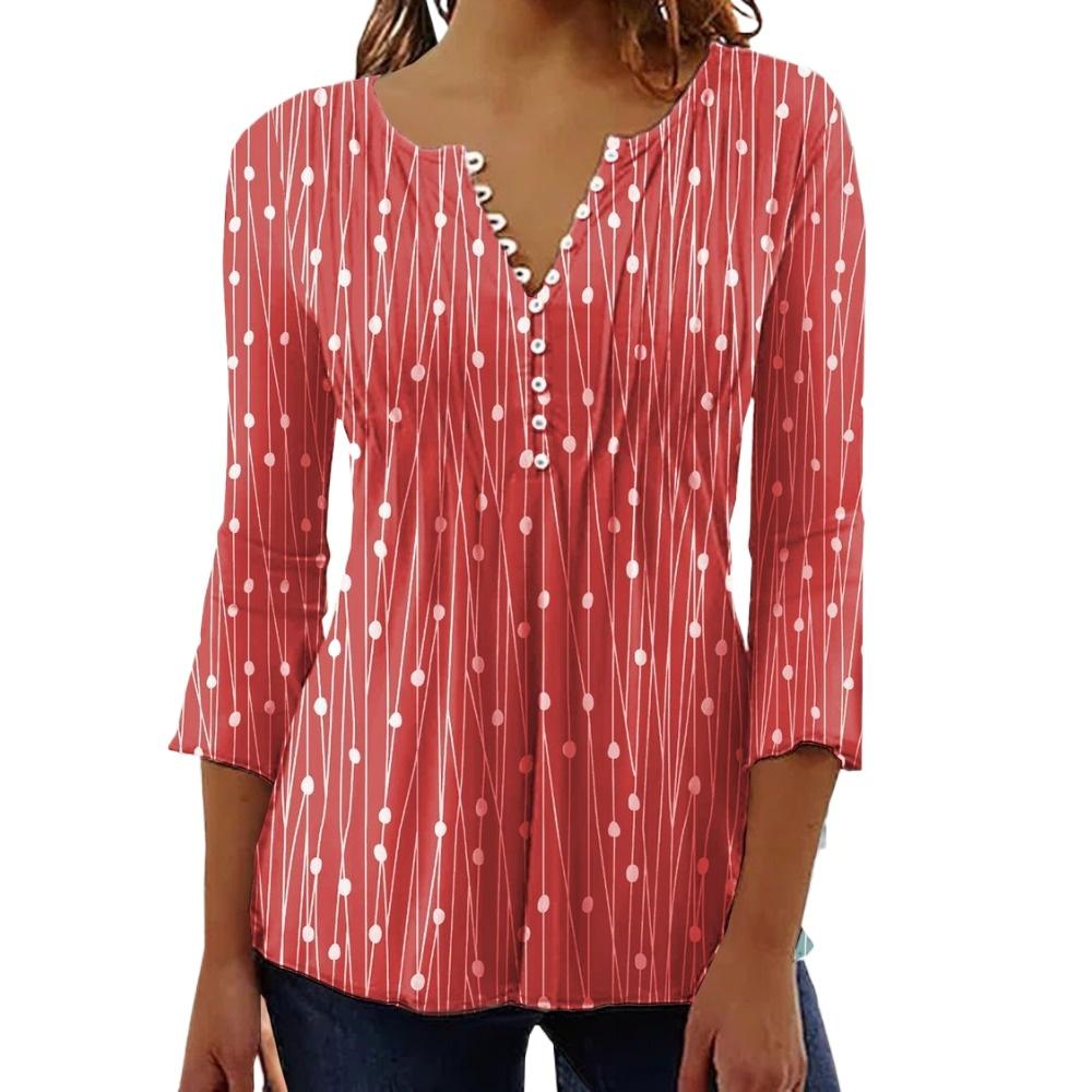 HNXC Women's Fashion Casual Summer Spring Polka Dot Print 3/4 Sleeve V-Neck Blouses & Shirts