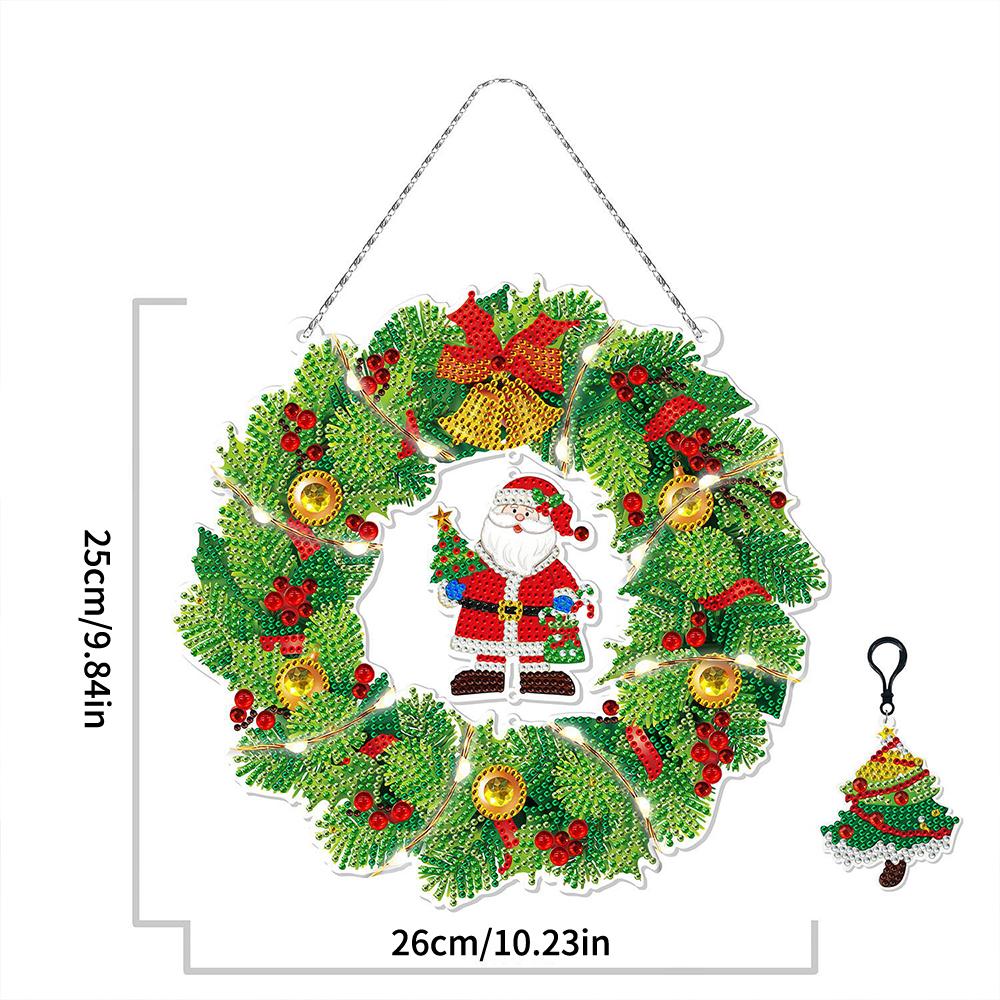 Weihnachtskranz-Set zum Aufhängen, 5D-Diamantmalerei zum Selbermachen, mit LED-Licht, Diamant-Malbild mit hängender Kette, dekoratives Licht
