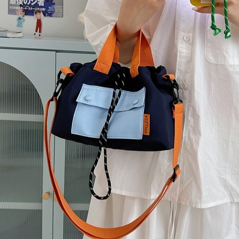 Cloth Nylon Crossbody Bag Contrast Color Drawstring Bucket Bag Fashion Shoulder Pouch  Students