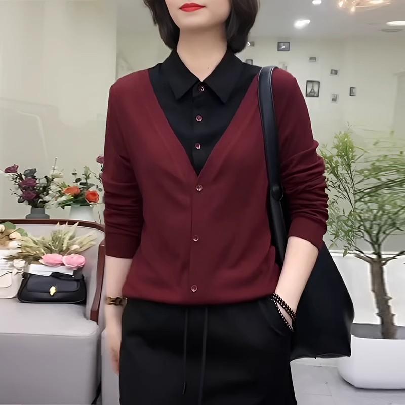 Threaded German Velvet Autumn New Sweatshirt Women Fake Two-piece Long-sleeved Top Fashionable Casual Versatile Base Shirt