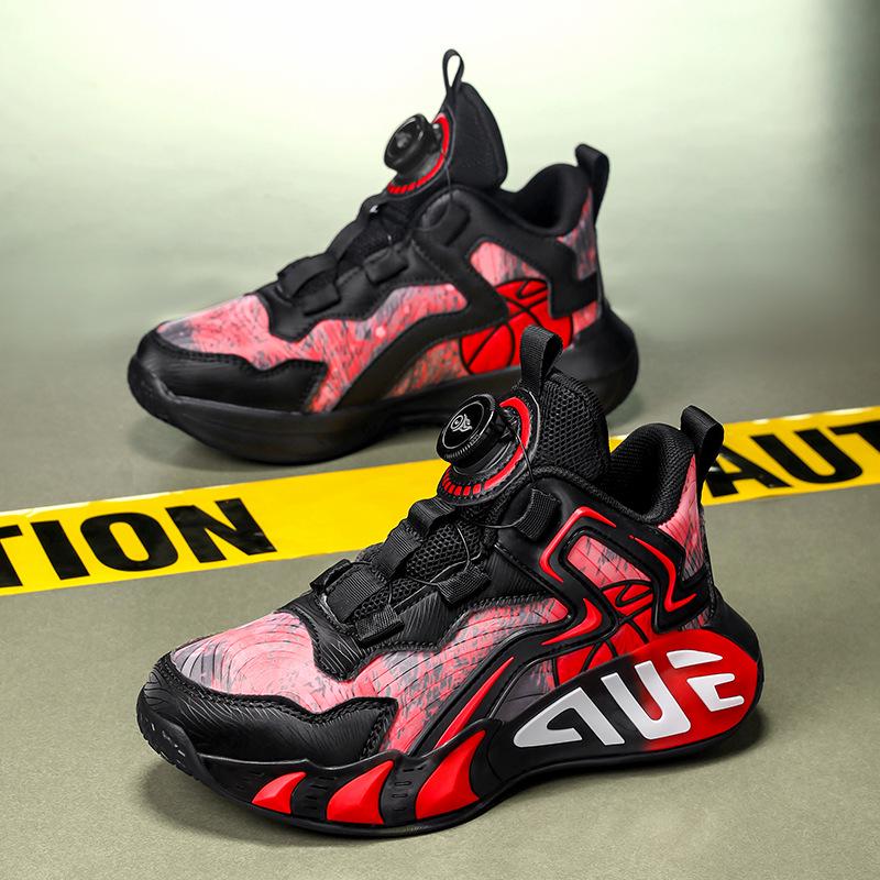 Boys' Waterproof Leather Basketball Shoes with Anti-Slip Sole and Rotating Button for Autumn and Winter