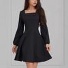Damen Schwarzes Quadratischer Ausschnitt Langarm Kleid Elegant Hoher Bund A-Linie Cocktailparty Kleid