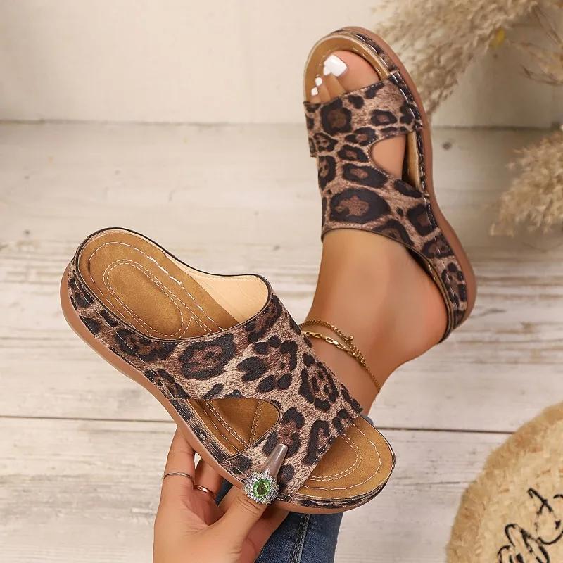 Ladies Shoes 2025 New Leopard Print Women's Slippers Outdoor Casual Summer Plus Size Open Toe Concise Wedge Slippers