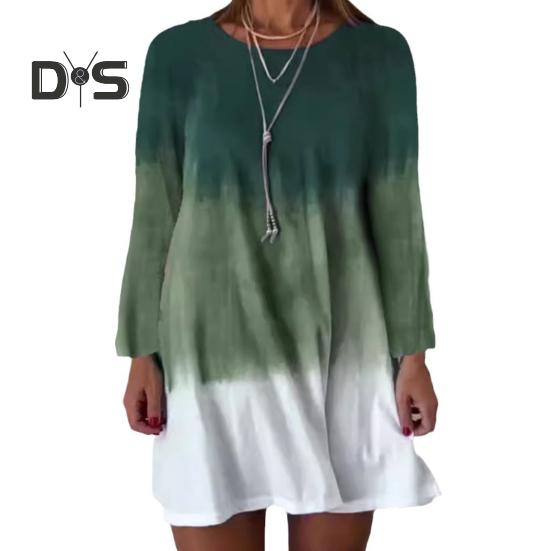 Women's Long Sleeve Dress Gradient Color Printed Dress Loose Fit Round Neck Pullover Dress for Daily Work Parties
