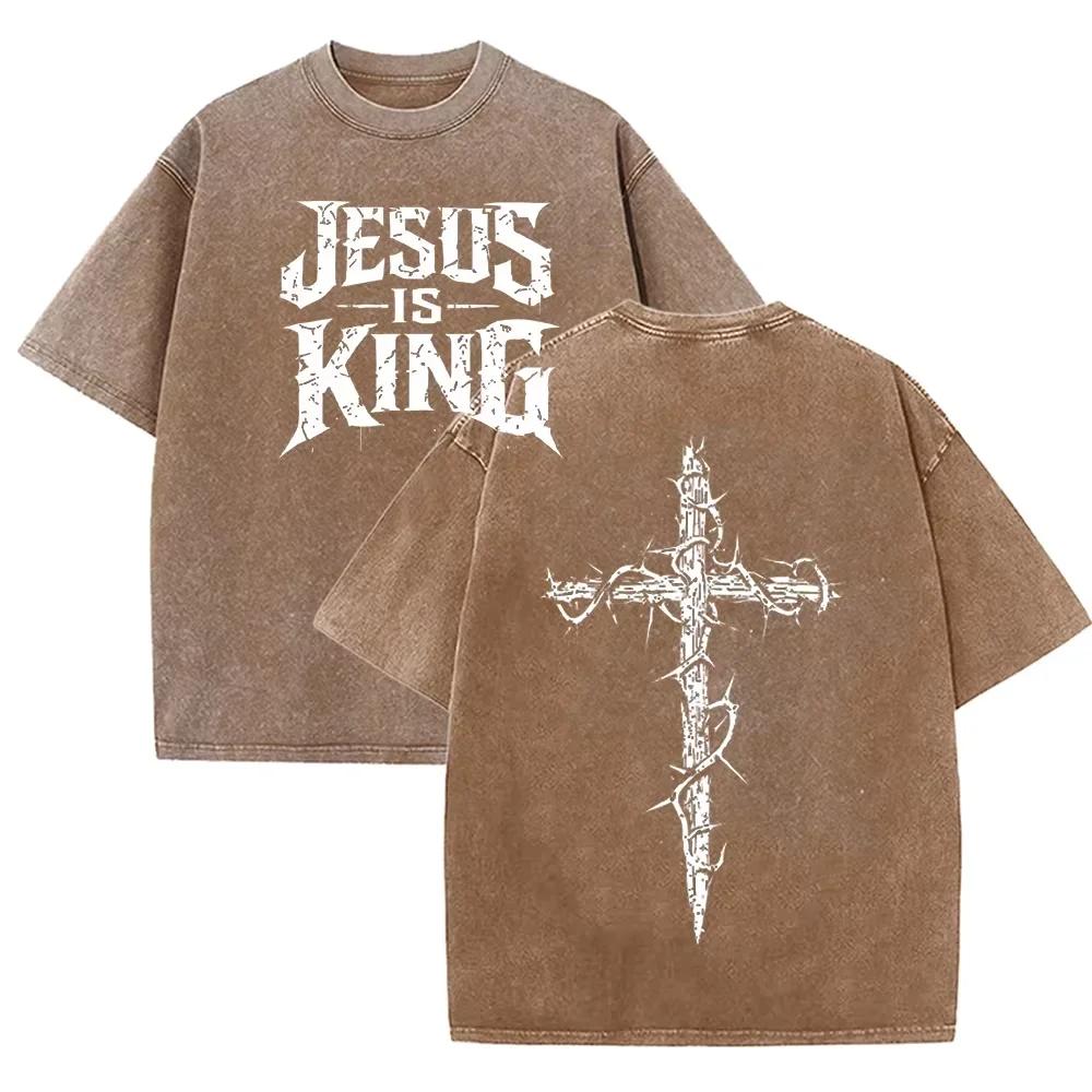 Asian Size Jesus Is King Cross Graphic Washed T Shirt Vintage Distressed Oversized Short Sleeve Streetwear Tee