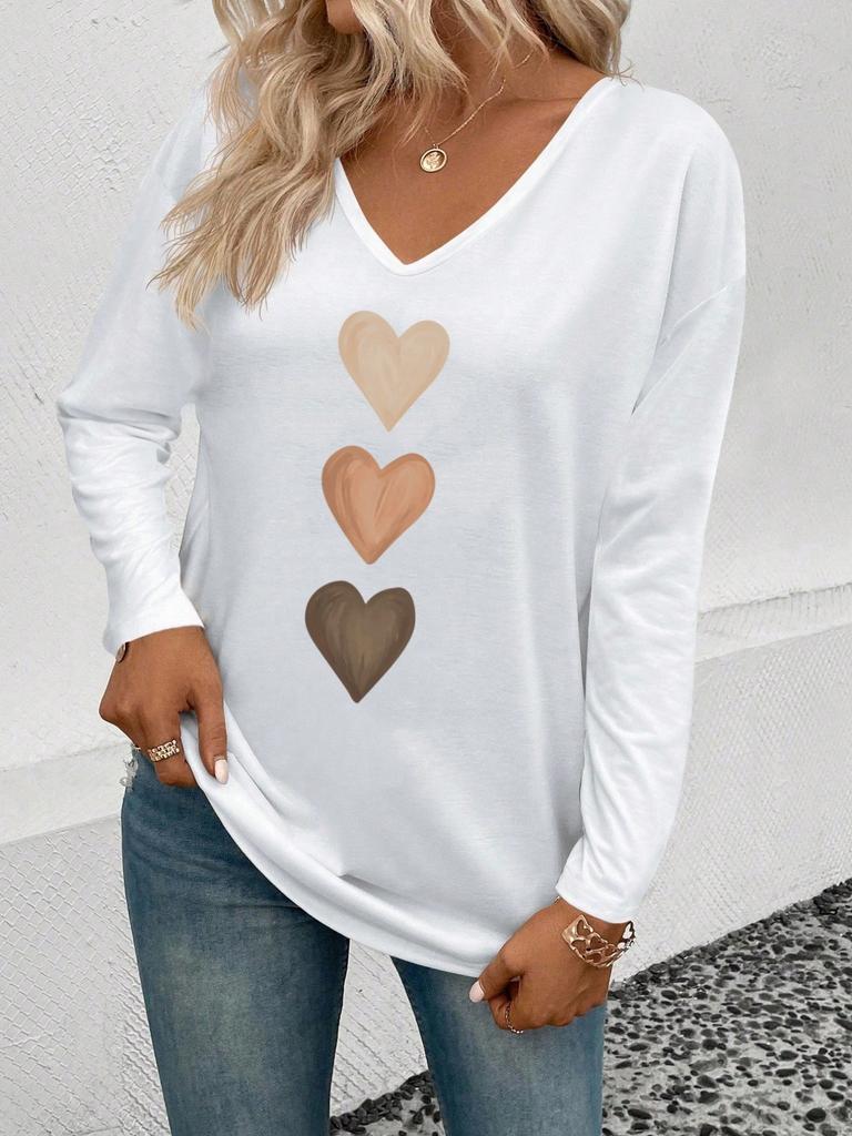 Women V Neck Long Sleeve Casual Heart Print T Shirt