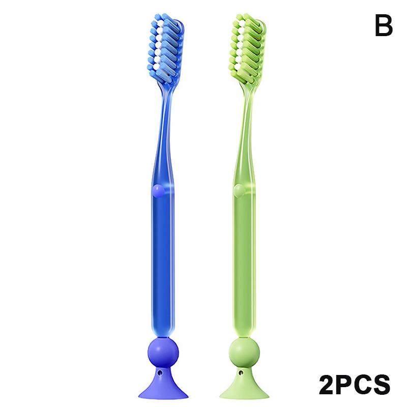 Extra-Long Brush Head Antibacterial Soft Bristle Toothbrush With Non-Slip Handle And Suction Cup Base Upright Design