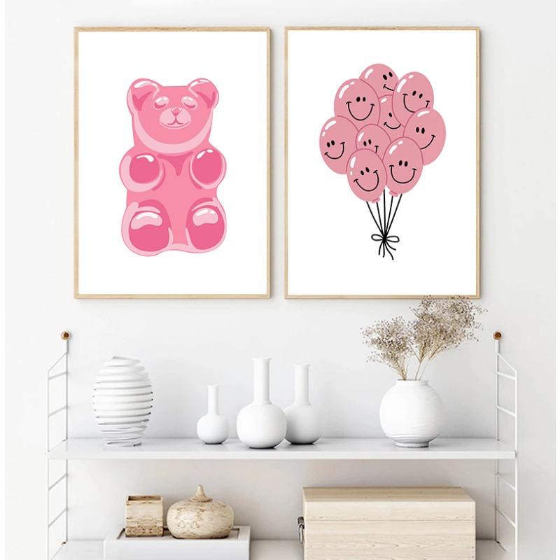Modrý gumový medvídek Růžový balónkový pes Plakát Preppy Plátno Malba Tisk Trendy Nástěnné umění Dětský pokoj Domácí dekorace