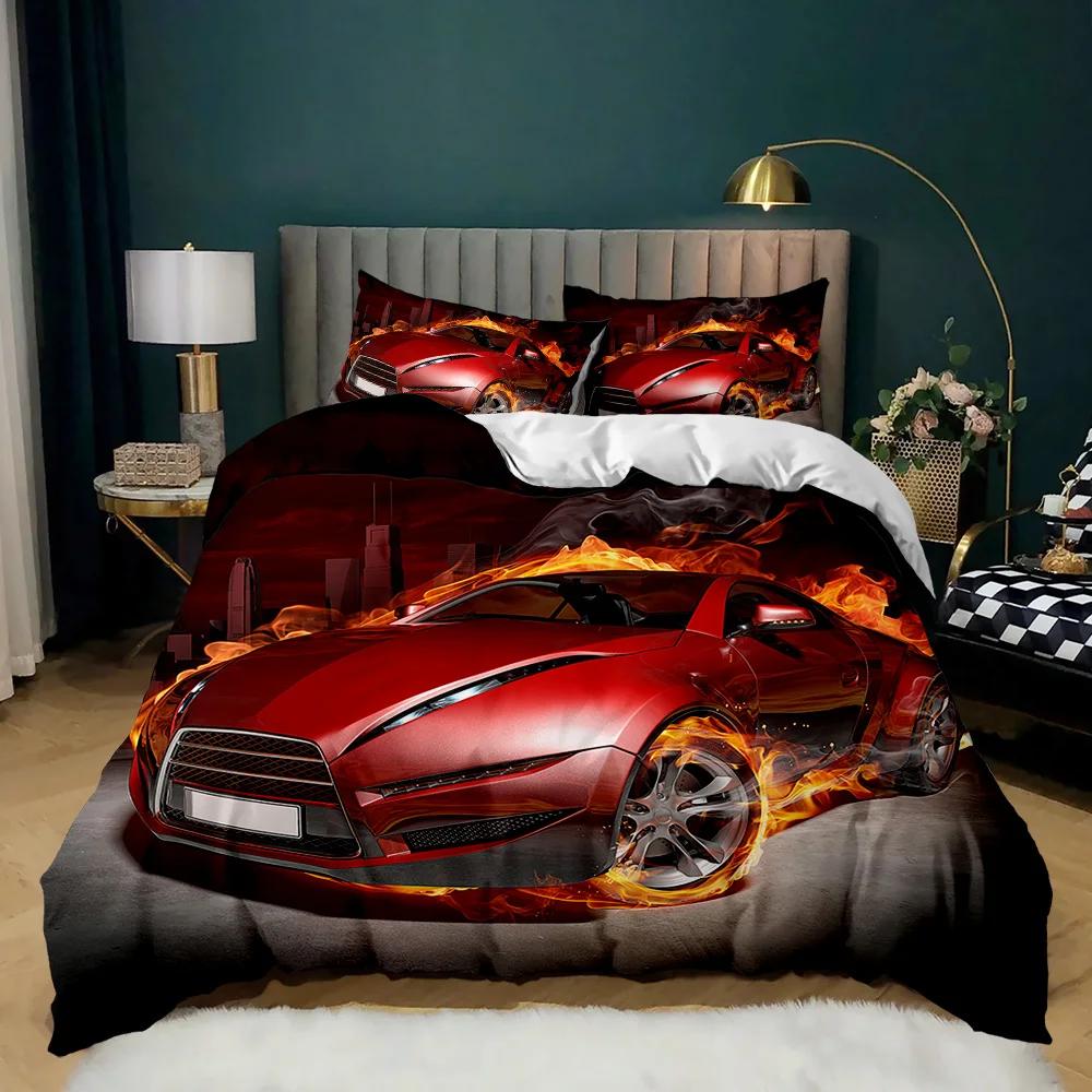 Race Car Duvet Cover Set King Queen Twin Size Red Flame Comforter Cover 3D Sport Car Theme For Boys Girl Polyester Bedding Set