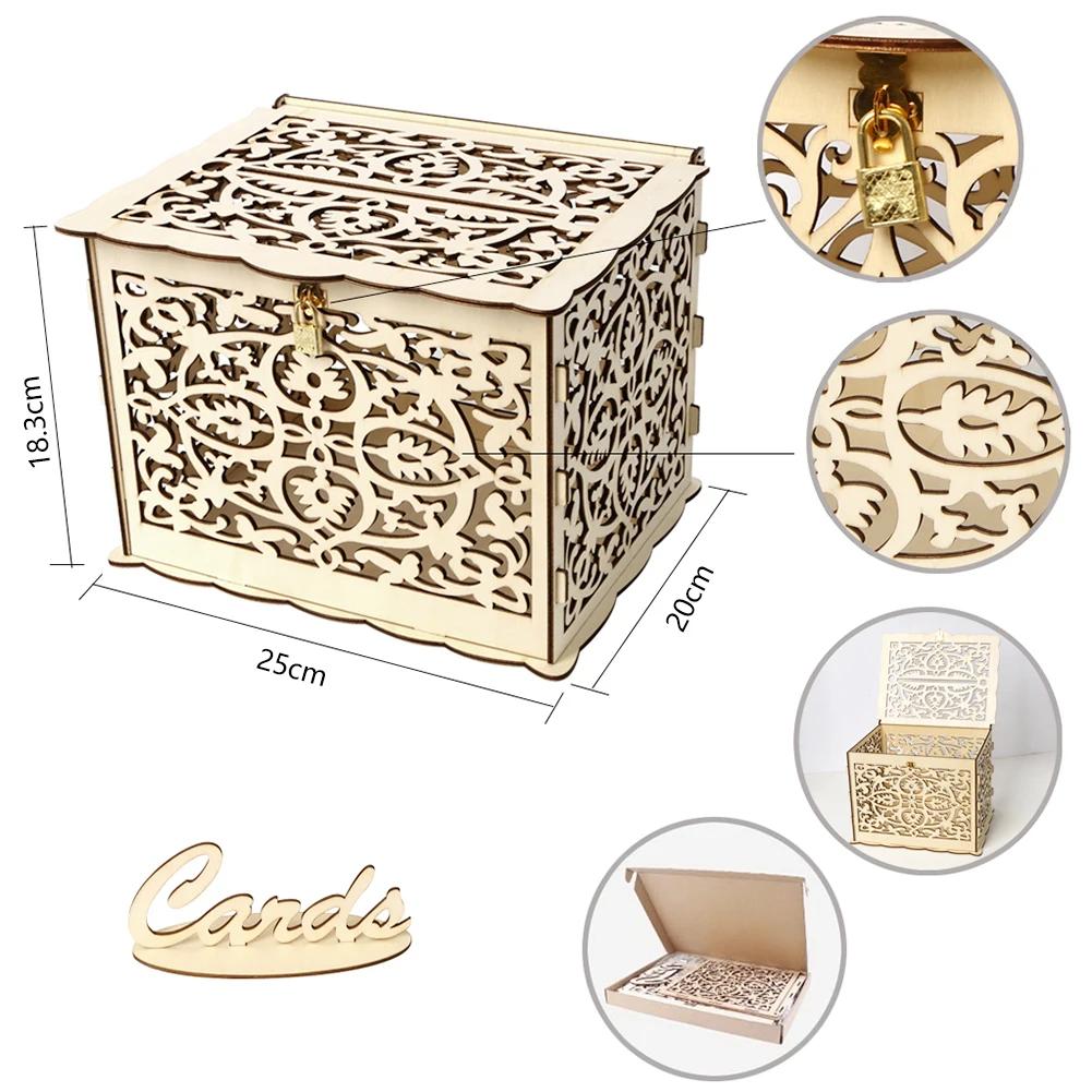 Wooden Wedding Card Box Wedding Decoration Supplies DIY Mr&Mrs Couple Flower Pattern Envelope Sign Cards Wood Box