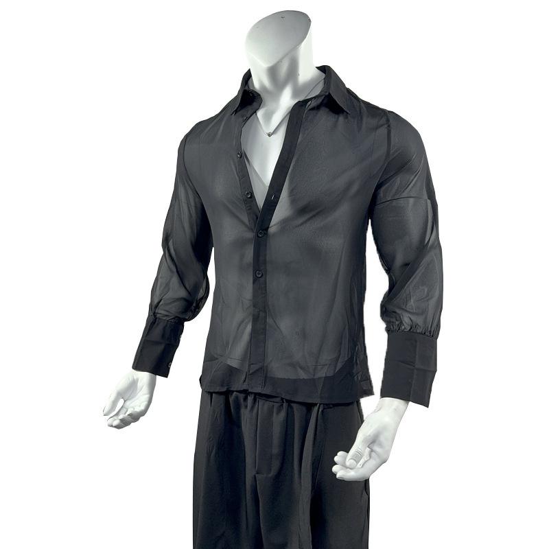 Men's European-Size Black Sheer Chiffon Slim Fit Shirt - Breathable Casual Nightclub Top