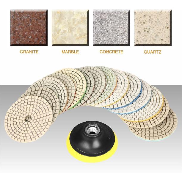 SPTA 15Pcs Diamond Wet Polishing Pads Set, 4 Inch, White, 50#-6000#, For Granite, Concrete, Marble, Stone, Tiles, With Floor Grinder Or Polisher