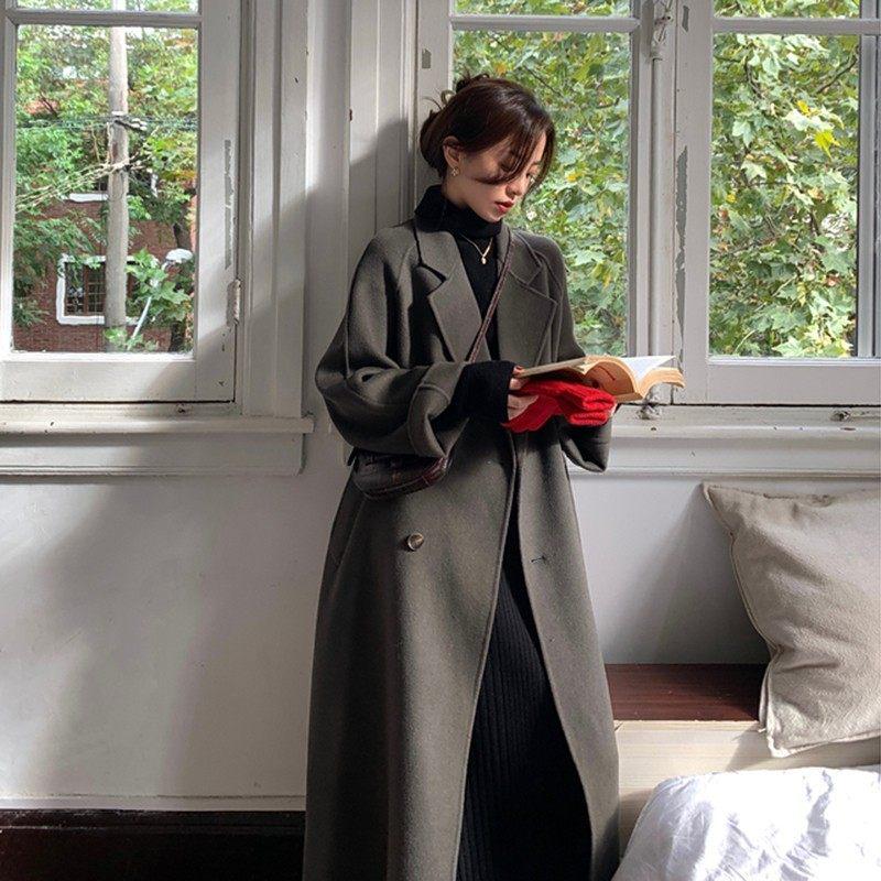

Autumn/Winter 2324 Korean Style Mid-Length Double-Sided Cashmere Coat for Women - Loose Fit, Hepburn Woolen Style M 110-125 lbs серебряный серый