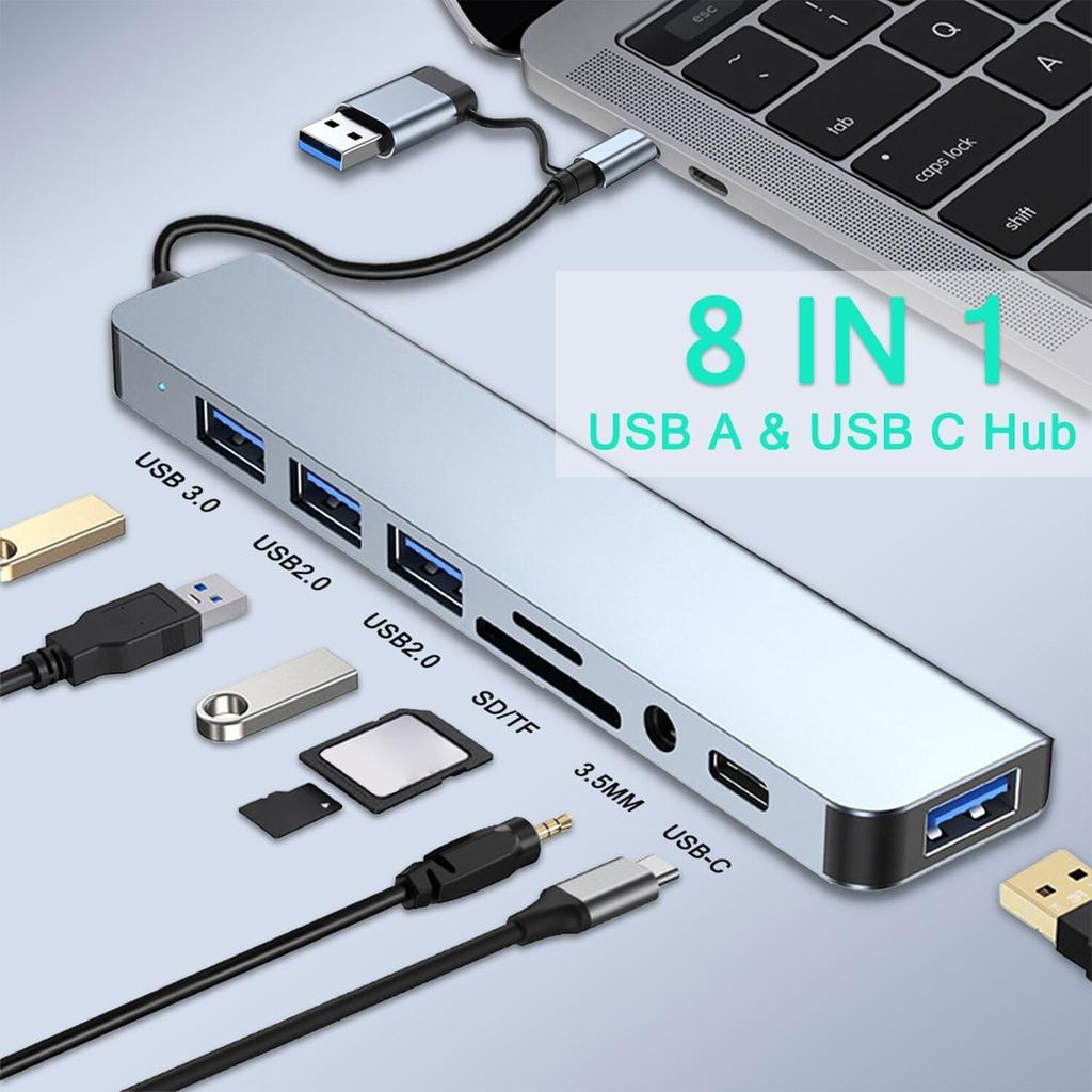 8-IN-2 USB A & USB C Hub Type-C Docking Station Multiport Adapter USB 3.0 Fast Data Transfer SD TF