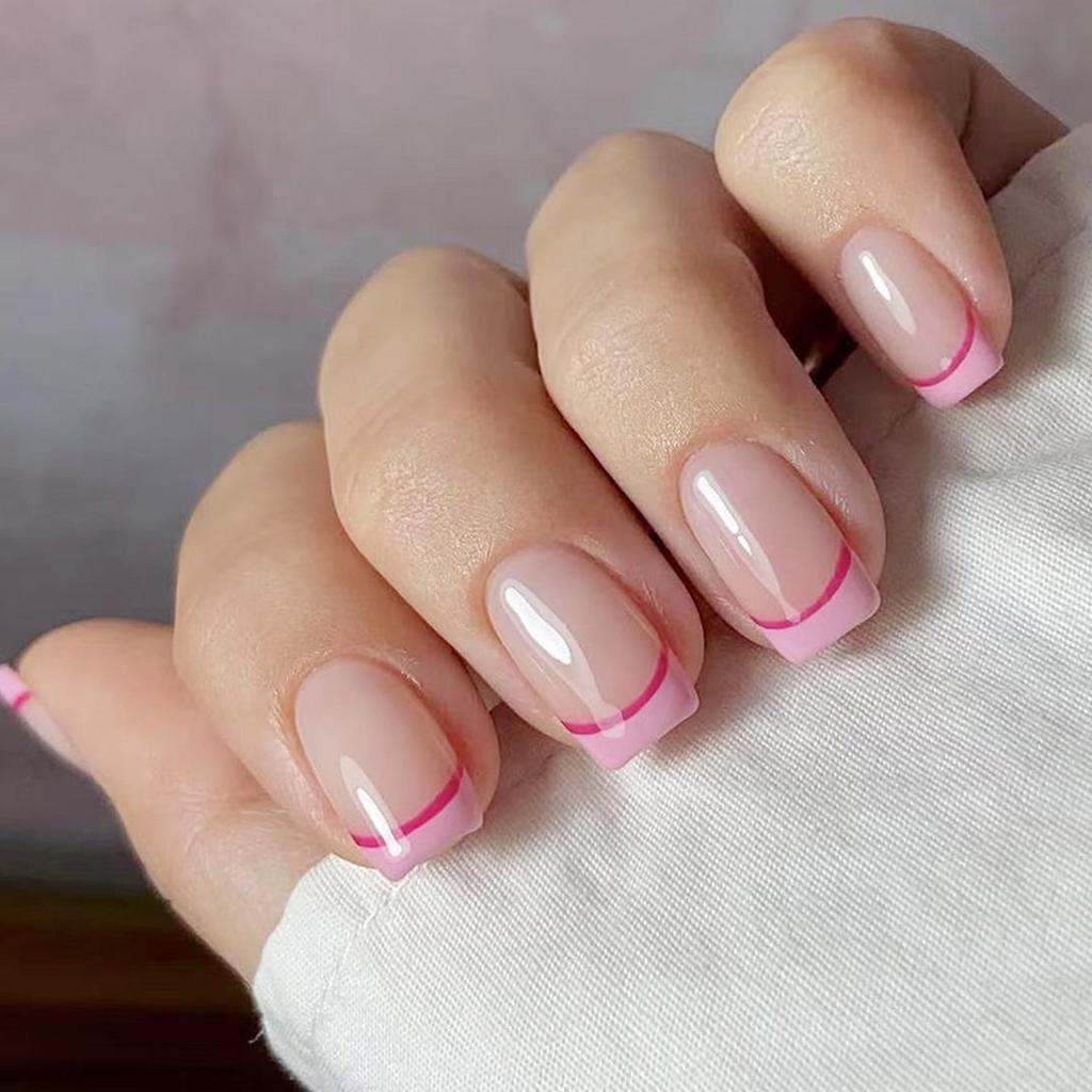 Press On Nails Rose Fake Nails Squoval Glue On Nails Glossy Acrylic False Nail Full Cover Stick On Nails for Womens