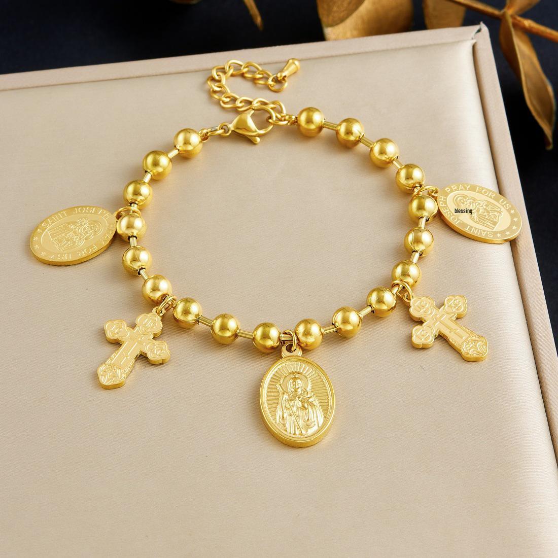 Gold-Plated Embossed Oval Cross Pendant with Round Bead Chain
