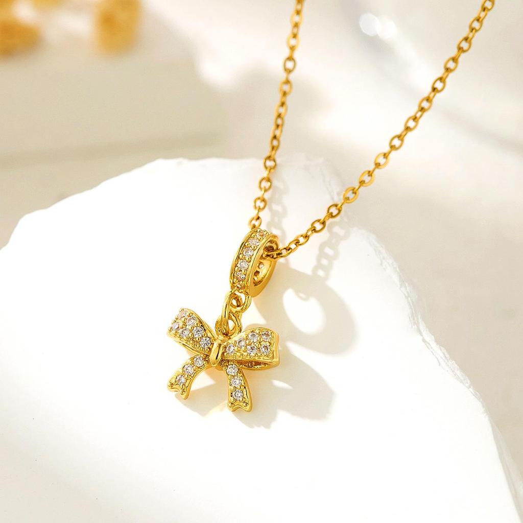 Sweet Zircon Bow Necklace - Women’s Titanium Steel Design