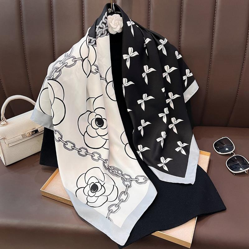 Korean Fashion Vintage Elegant Camellia Printed Square Scarf For Women