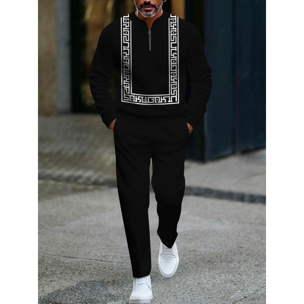 Spring Autumn 3D Printed Fashion Cool Men's Long-Sleeved Sets Half-Zipper Stand-Up Collar Men's Casual Sportswear Two-Piece set