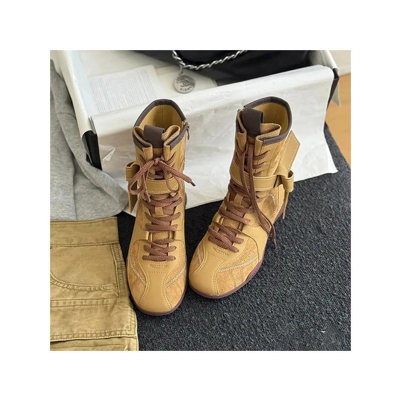 Sheepskin version~ retro versatile leather boxing boots, short boots, straps, side zipper, and climbing Martin boots.