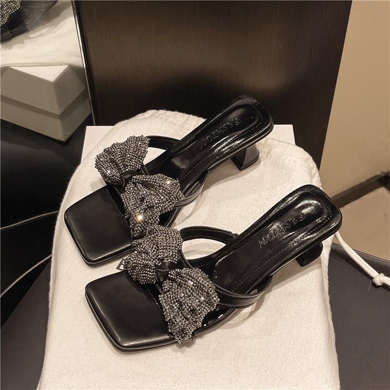 One-word Bow Open-toed High-heeled Rhinestone Fashion Fairy Wind Cool Slippers 2025 New Women's Summer Wear