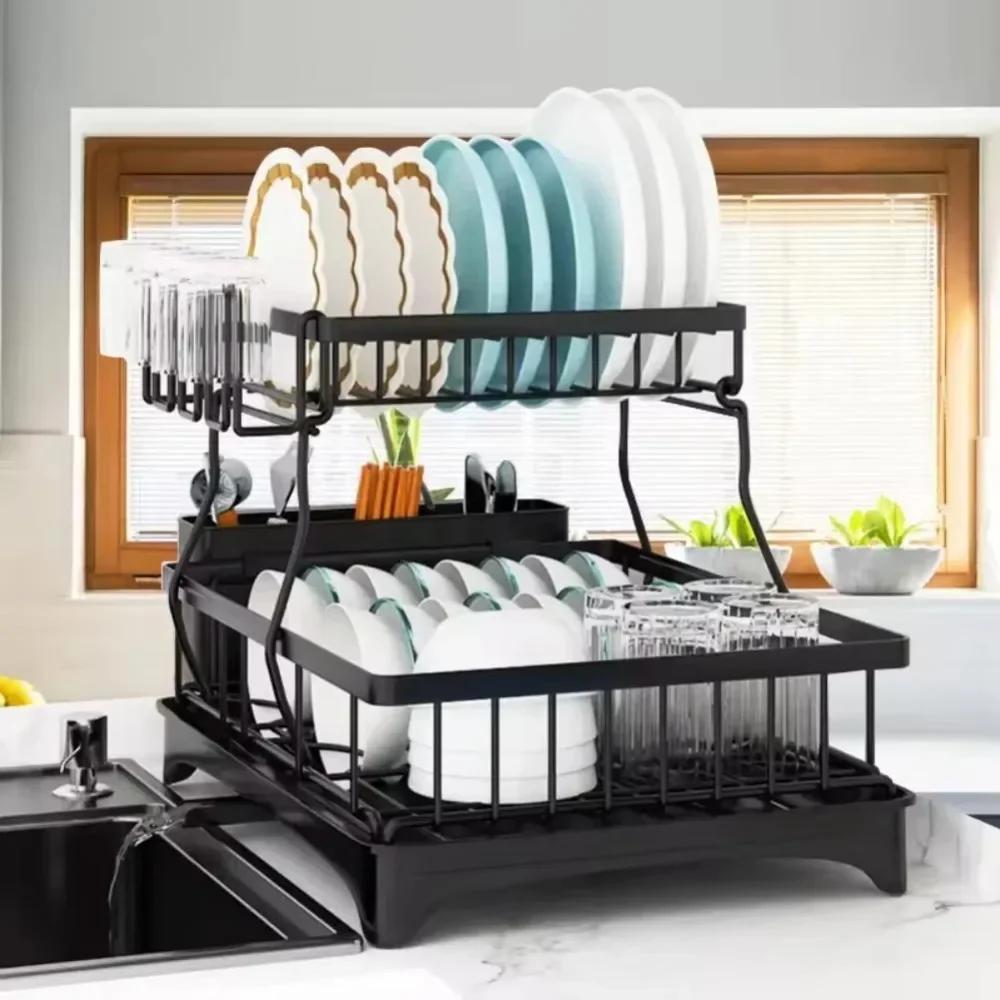 

Dish Racks for Kitchen Counter, Kitchen Dish Drying Rack with Drainboard, Detachable Dish Drainers with Utensil Holders 2-tier чорний